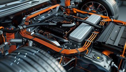 Poster - Close-up reveals electric vehicle's powertrain with battery and motor layout in focus