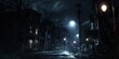 The sharp contrast between the bright streetlights and the deep shadows they cast creates an eerie otherworldly feel to the city streets.