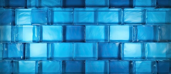 Wall Mural - An intricate pattern of aqua and electric blue rectangles arranged in perfect symmetry on a brick wall, creating a stunning visual display