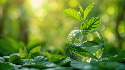 Wall Mural - Small plant is in a glass vase on a green leaf. The vase is filled with water and the plant is thriving. Concept of growth and life, as the plant is flourishing in its environment