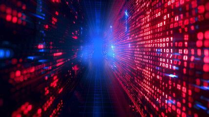 Abstract Data Stream Tunnel with Binary Code
. An abstract visualization of a digital data tunnel created with streams of red and blue binary code, representing the concept of data transmission.

