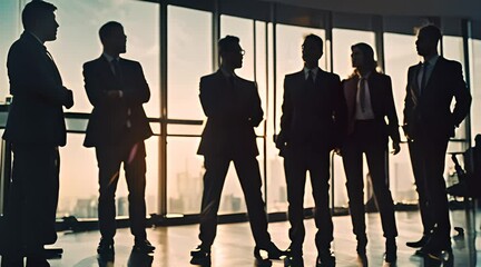 Wall Mural - Silhouette of business people work together in office. Concept of teamwork and partnership. double exposure with light effects