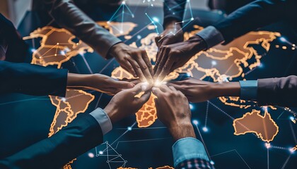 Poster - Business leaders globally unite on a map, linked by blockchain nodes, showcasing tech-human empathy in partnerships.