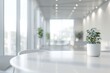 Blurred background of a modern office interior with panoramic windows and a round table for a meeting or presentation in a conference room
