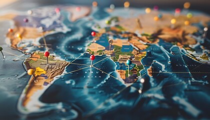 Poster - World map with pins and connecting lines illustrates global business expansion