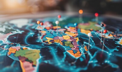 Poster - World map with pins and connecting lines illustrates global business expansion