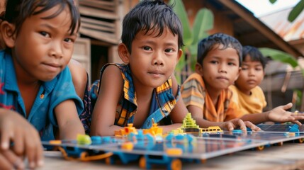 A group of children play with solarpowered toys a small but impactful way to introduce sustainable energy practices in a community . AI generation.