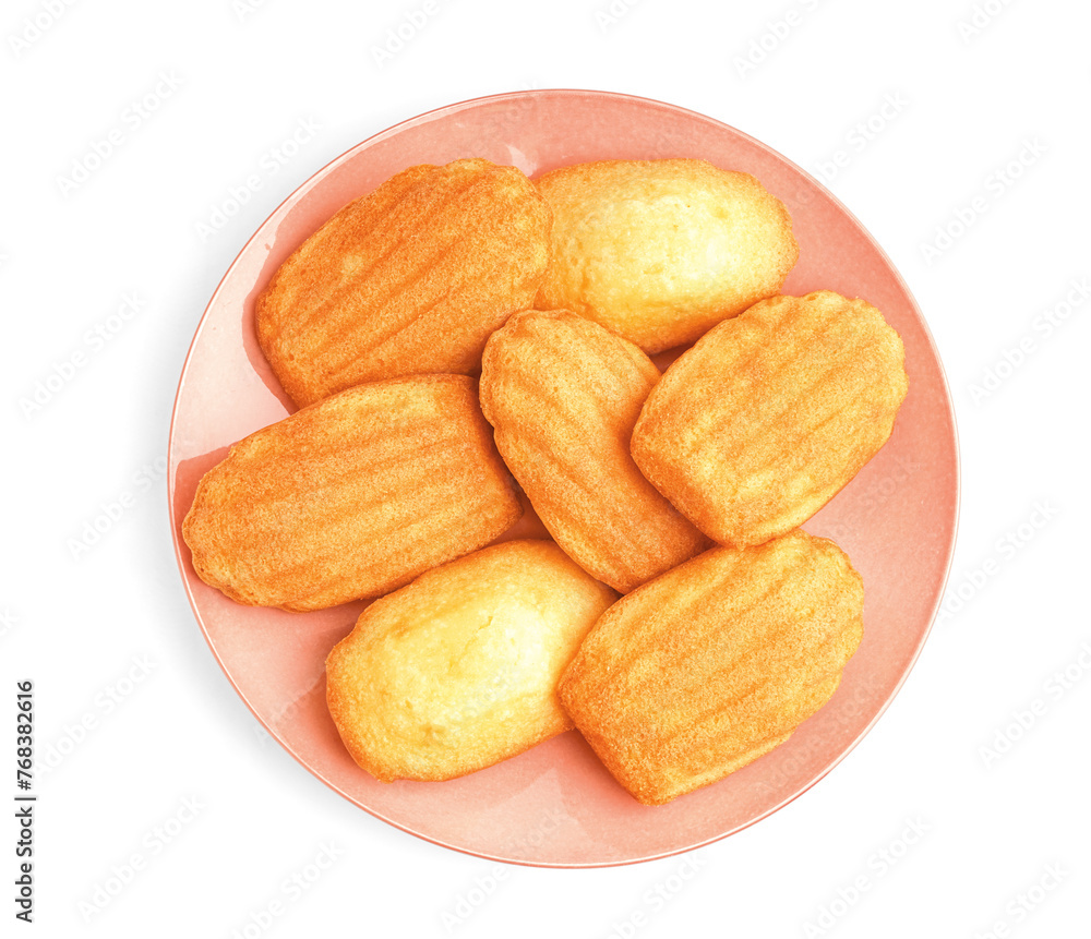 Pink plate with tasty Madeleine cookies on white background