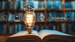 © Intelligent Horizons - Open book with light bulb with graduation hat, learning and study online class technology network, e-learning, online education and education, training on table