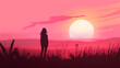 Mulher olhando o por do sol com core rosa - Ilustração