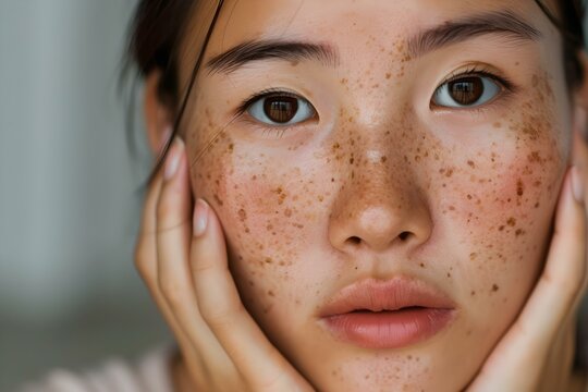 An Asian woman with a concerned expression touching her face focusing on dark spots and skin issues. Concept Skincare Concerns, Dark Spots, Asian Woman, Complexion Issues, Concerned Expression