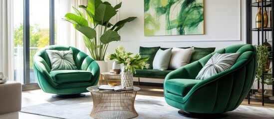 Sticker - Green couch and two chairs in a cozy living room setting