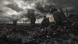 troops, trench, muddy terrain, poppies, World War, cloudy sky, combat uniforms, military gear, armed forces, remembrance, barbed wire, dugout, helmets, somber, historical warfare, sacrifice