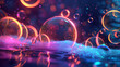 Surreal Neon Bubbles with Reflective Water Surface
. Surreal scene with neon glowing rings and bubbles floating above a reflective water surface in a mystical setting.

