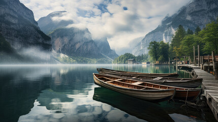 Wall Mural - wooden boat floating on a quiet lake pier in cloudy mountains with mist and beautiful view
