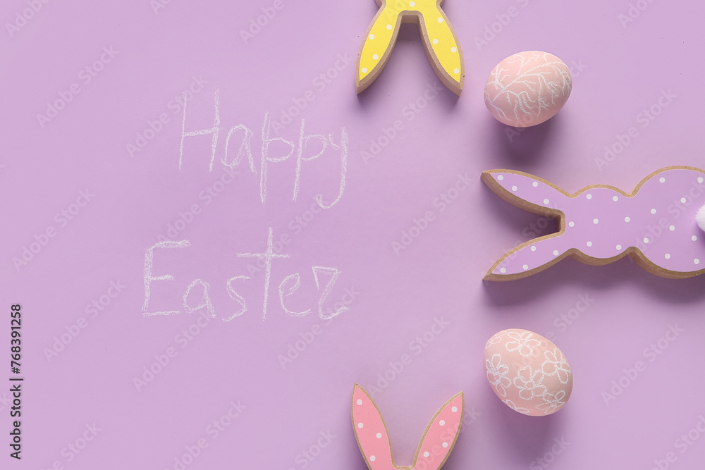 Phrase Happy Easter and festive decor on purple background