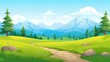 cartoon landscape with lush greenery and towering mountains under a clear blue sky