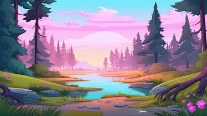 cartoon Tranquil forest landscape at sunset, with nature’s elements in harmonious colors