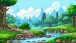 colorful cartoon landscape with a river, surrounded by vibrant greenery and majestic mountains under a clear sky