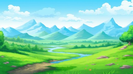 Wall Mural - cartoon landscape with lush greenery, a winding river, and majestic mountains under a clear sky