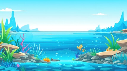 Wall Mural - underwater cartoon scene with colorful coral and rocks, set against distant mountains under a clear sky