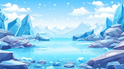Wall Mural - icy cartoon landscape with glistening waters, rocky terrains, and towering ice mountains under a clear sky