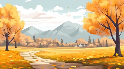 Wall Mural - cartoon autumn landscape with a colorful path leading to distant mountains under a clear sky