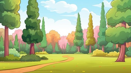 Wall Mural - cartoon forest with vibrant greenery, blooming flowers, and an inviting path