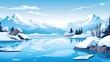 cartoon winter landscape with snowy mountains reflected in a lake, flanked by pine trees under a clear sky