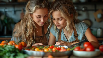 Mother and daughter cooking together in modern kitchen. Overjoyed mom have fun with girl at home, happy young mother teach cook together with daughter in modern kitchen. Cook concept. Family concept. 