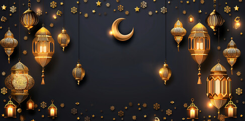 Wall Mural - Elegant Black and Gold Background Illuminated by Traditional Lanterns