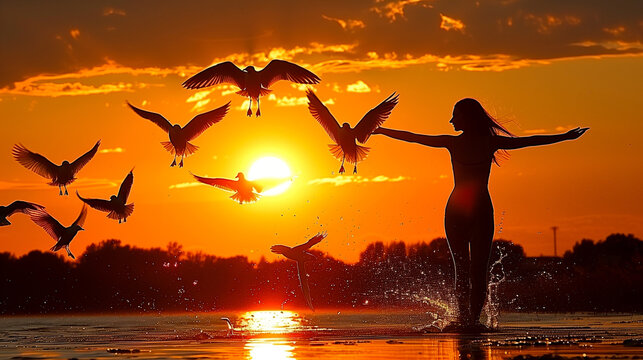 A silhouette of a woman with arms outstretched among flying birds at sunset on a waterfront, feeling freedom