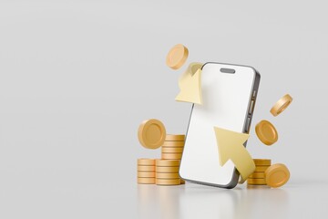 Wall Mural - 3d Smartphone or mobile phone with arrow curve around gold coin icon. isolated on white background, Business investment concept. Minimal mobile blank white screen mockup. 3D rendering illustration.