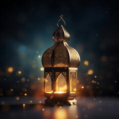 Ramadan Kareem greeting card with decorative lantern and bokeh background