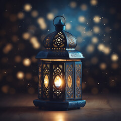 Ramadan Kareem greeting card with decorative lantern and bokeh background