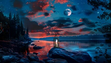 Wall Mural - Moonlit Waters: Awe-Inspiring Views of a Stunning Lake at Night. Seamless looping time-lapse virtual 4k video animation background