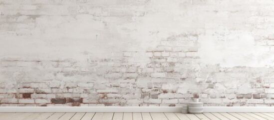 Wall Mural - A monochrome room in a city building with a white brick wall and wooden floor, creating a parallel pattern of rectangles