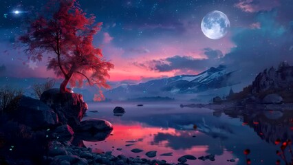 Wall Mural - Night Serenity: Captivating Views of a Beautiful Lake Under the Stars. Seamless looping time-lapse virtual 4k video animation background. Seamless looping time-lapse virtual 4k video animation backgro