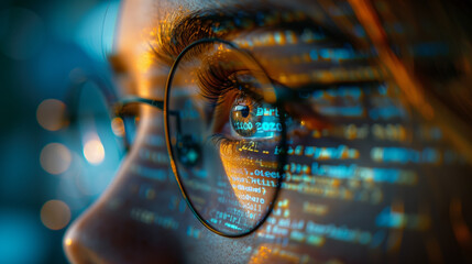 a female programmer concentrating on code. the blue lines of code are reflected on her glasses and f