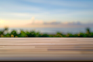 Seaside Wooden Table with Ocean View. Mockup for your design.