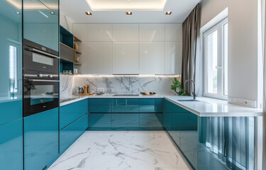 Design of a small kitchen in an apartment with teal cabinets, white walls and a marble island countertop with a wood herringbone pattern floor