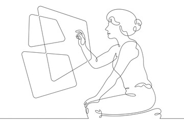 Wall Mural - One continuous line. The woman works at the computer. The female character is using multiscreens. Search for information on multiple screens. Multiscreen for media.One continuous line is drawn on a wh