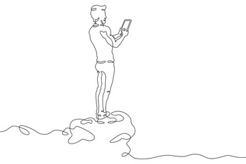 One continuous line.A young man determines the location using a mobile phone. Geolocation using mobile communications.Man with phone.One continuous line is drawn on a white background.