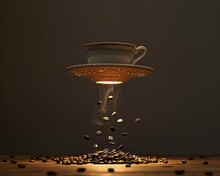 Features A Coffee Cup With A Saucer That Is Illuminated From Below, Giving The Illusion That The Cup Is A UFO Abducting Coffee Beans This Play On Light And Shadow Offers A Whimsical Take On A Morning 