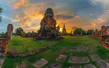 Wall Mural - A panoramic view of the ancient temples at Abaya in Thailand, illuminated by golden sunlight against an orange and blue sky.