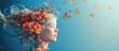 © Surachetsh - 3d cartoon girl head with blonde hair and colorful flowers, butterflies flying out of her mouth, side view, on blue background