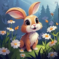 Wall Mural - Rabbit Sitting in a Field of Flowers