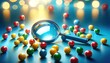 close-up of a magnifying glass focusing among multicolored marbles on a reflective surface with bokeh lights, magnifying, glass, multicolored, marbles, reflective, surface, close-up, focus, bokeh