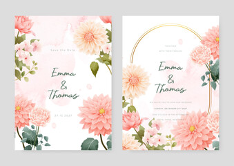 Fototapete - Pink chrysanthemum beautiful wedding invitation card template set with flowers and floral
