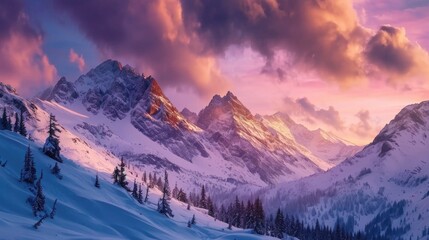 Wall Mural - A mountain range covered in snow with a beautiful pink